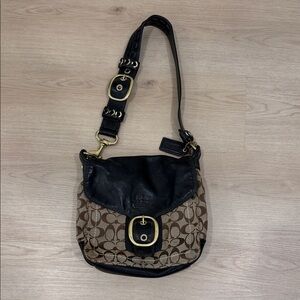 Vintage Y2K Coach Bleecker Brown Signature Canvas Shoulder Bag w Black Leather